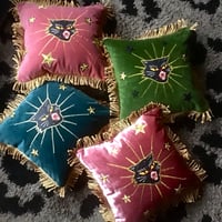 Image 6 of teal Velvet Black Cat Mini Cushion copy