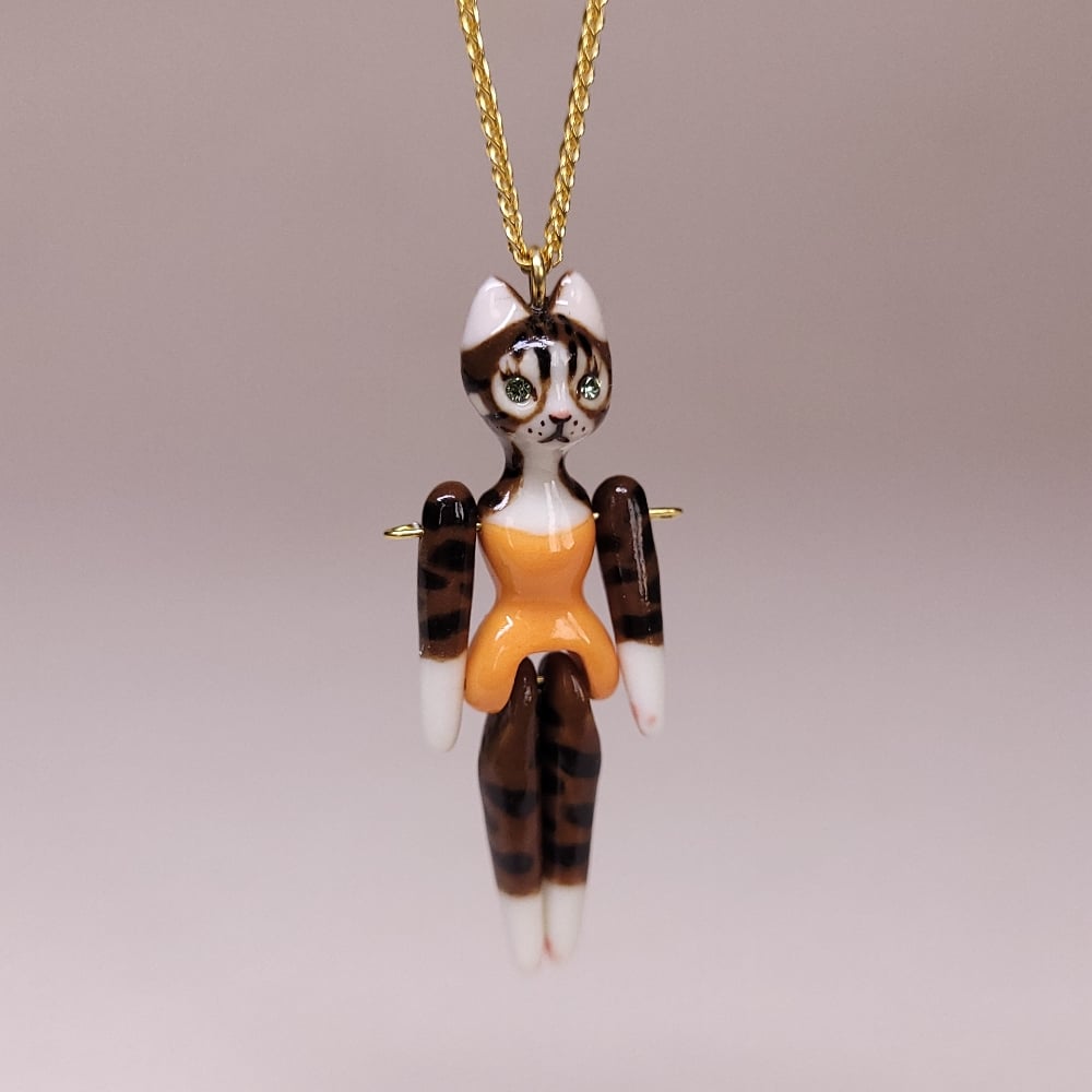 Image of Dark Brown Tabby Porcelain & Gold Vermeil Articulated Doll Pendant