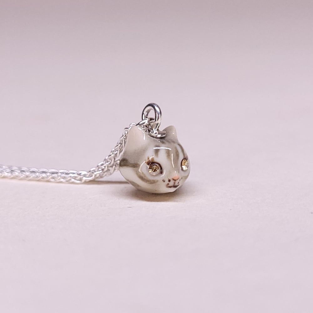 Image of Grey Tabby Porcelain & Sterling Silver Teeny Tiny Cat Pendant