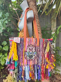 Image 1 of Frill Sari shoulder Bag Recycled fabric- leather straps 