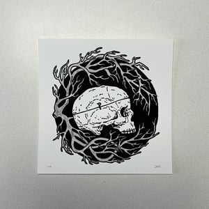 Skull With Branch Wreath Linocut Print