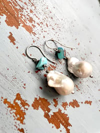 Image 3 of large baroque pearl and Golden Hills turquoise earrings