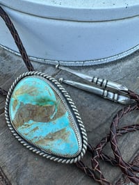 Image 1 of Large Royston Turquoise Bolo Tie w/ Handmade Sterling Tips