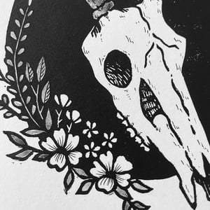 Deer Skull And Flowers Linocut Print