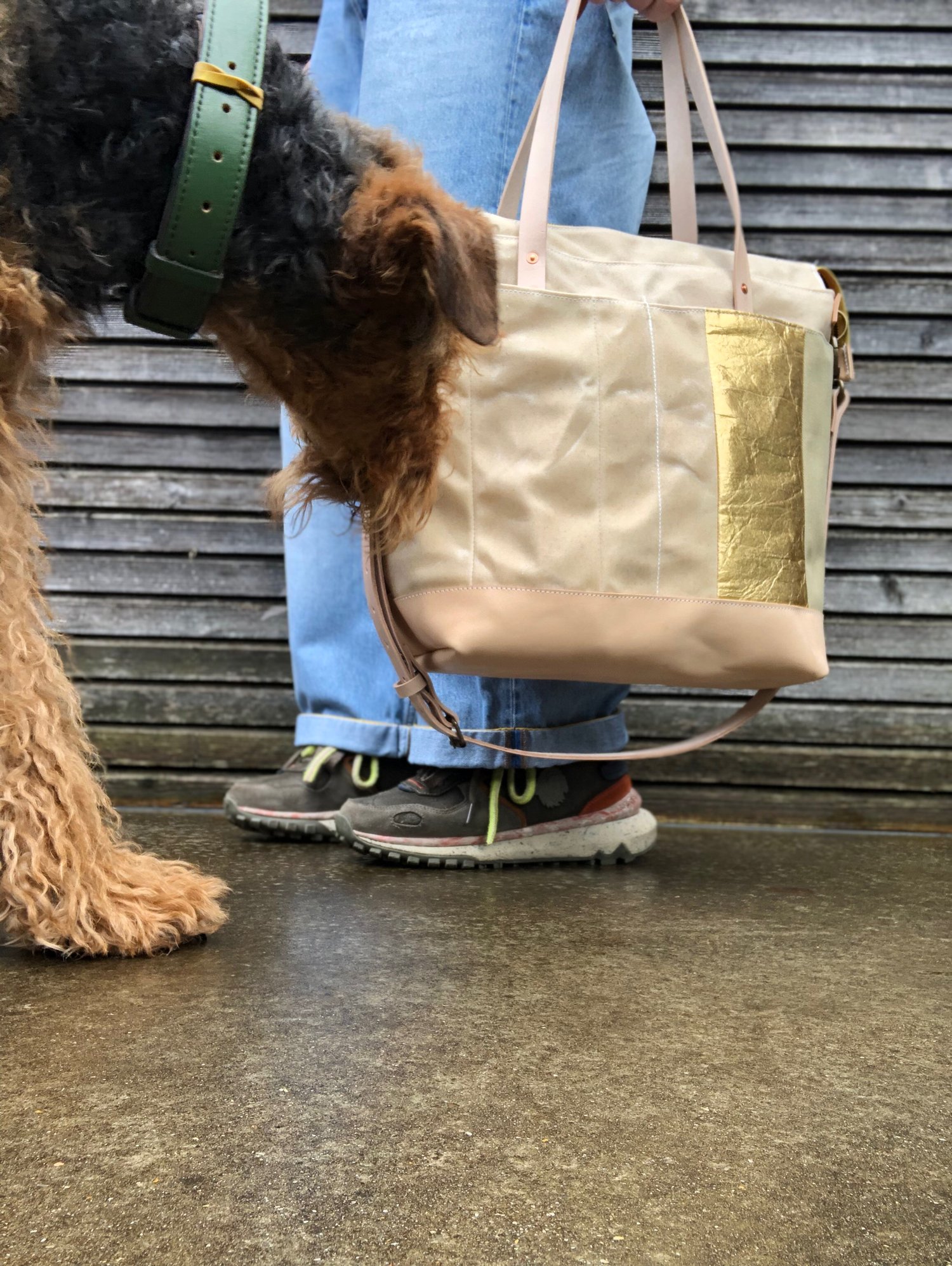 Image of Diaper bag / Large tote bag in waxed canvas and leather with cross body strap COLLECTION UNISEX