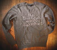 Image 1 of Upcycled “Tortured Poets” hand-embroidered cashmere/cotton sweater