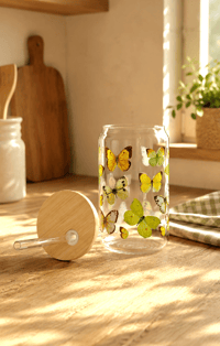 Image 4 of Yellow Butterflies Glass Can – 16 oz  with Bamboo Lid & Glass Straw