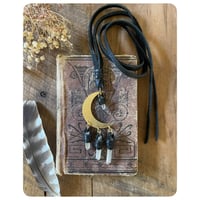 Image 2 of Solid Brass Moon Pendant Necklace - Clear Quartz and Black Leather