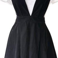 Image 4 of Black Velvet A Line Mini Pinafore Dress with Deep V Neckline and Zipper Accent - XXS