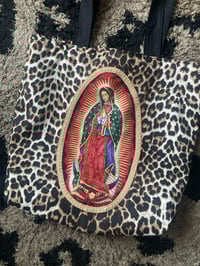 Image 2 of Virgin of Guadalupe leopard shoulder tote bag with choice of 2 