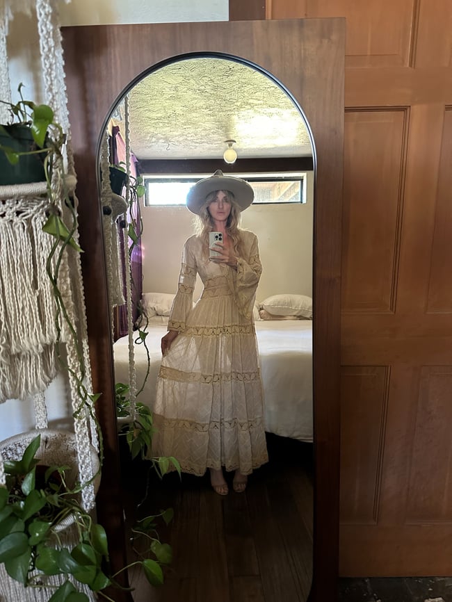 early 1970s Mexican pintucked fan sleeve cotton wedding maxi dress