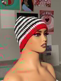 Image 4 of Black/White Fitted Crochet Beanie (Red Color Pop)