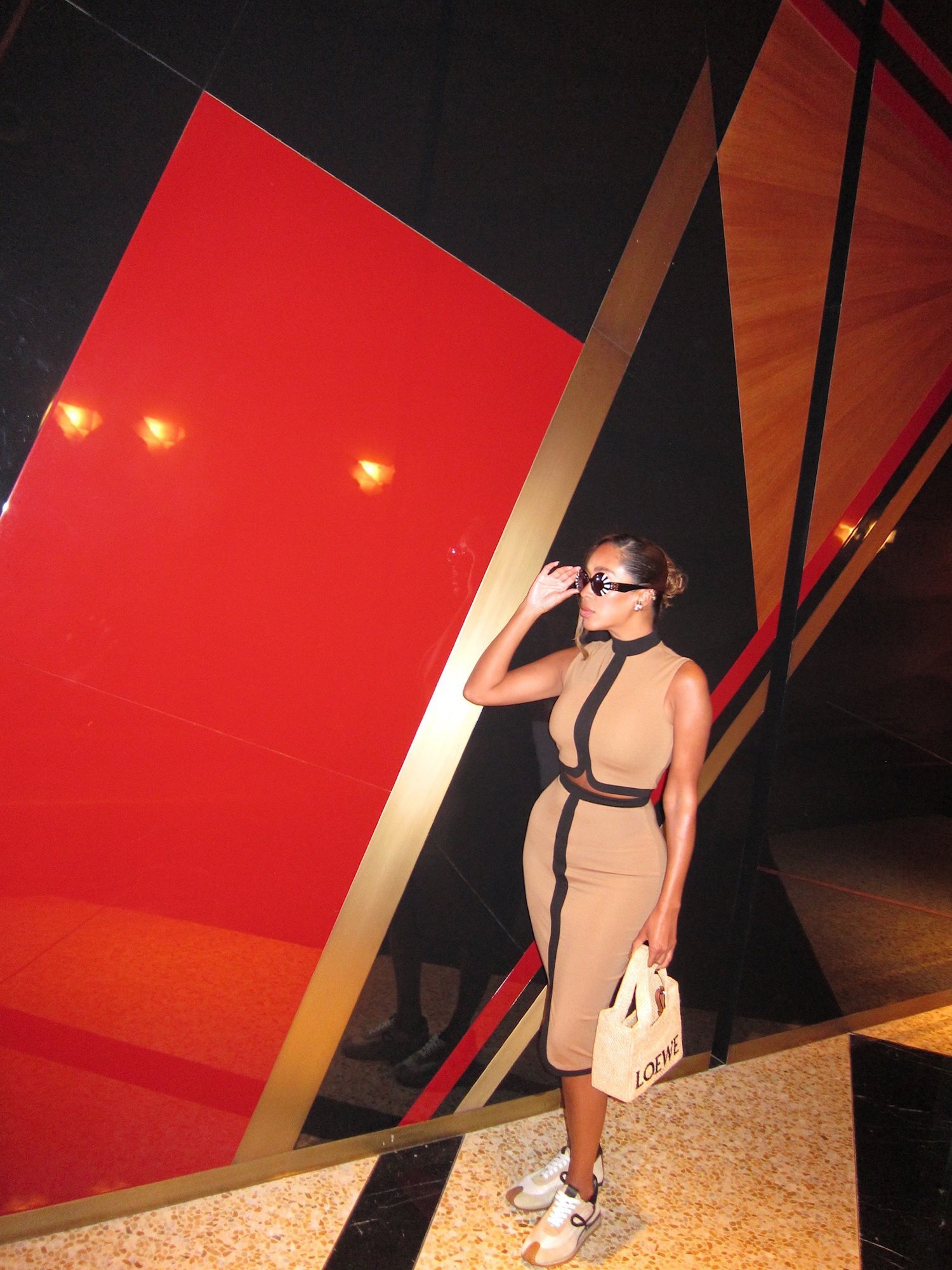 Image of CAMEL & BLACK T-STRIPE CO-ORD SKIRT SET (S/M)