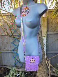 Image 2 of Woodstock cross body/ passport bag -Purple with gold and peach star