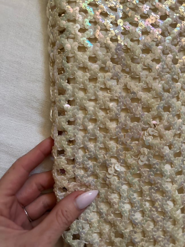 late 60s plunging low back champagne sequin crochet maxi dress