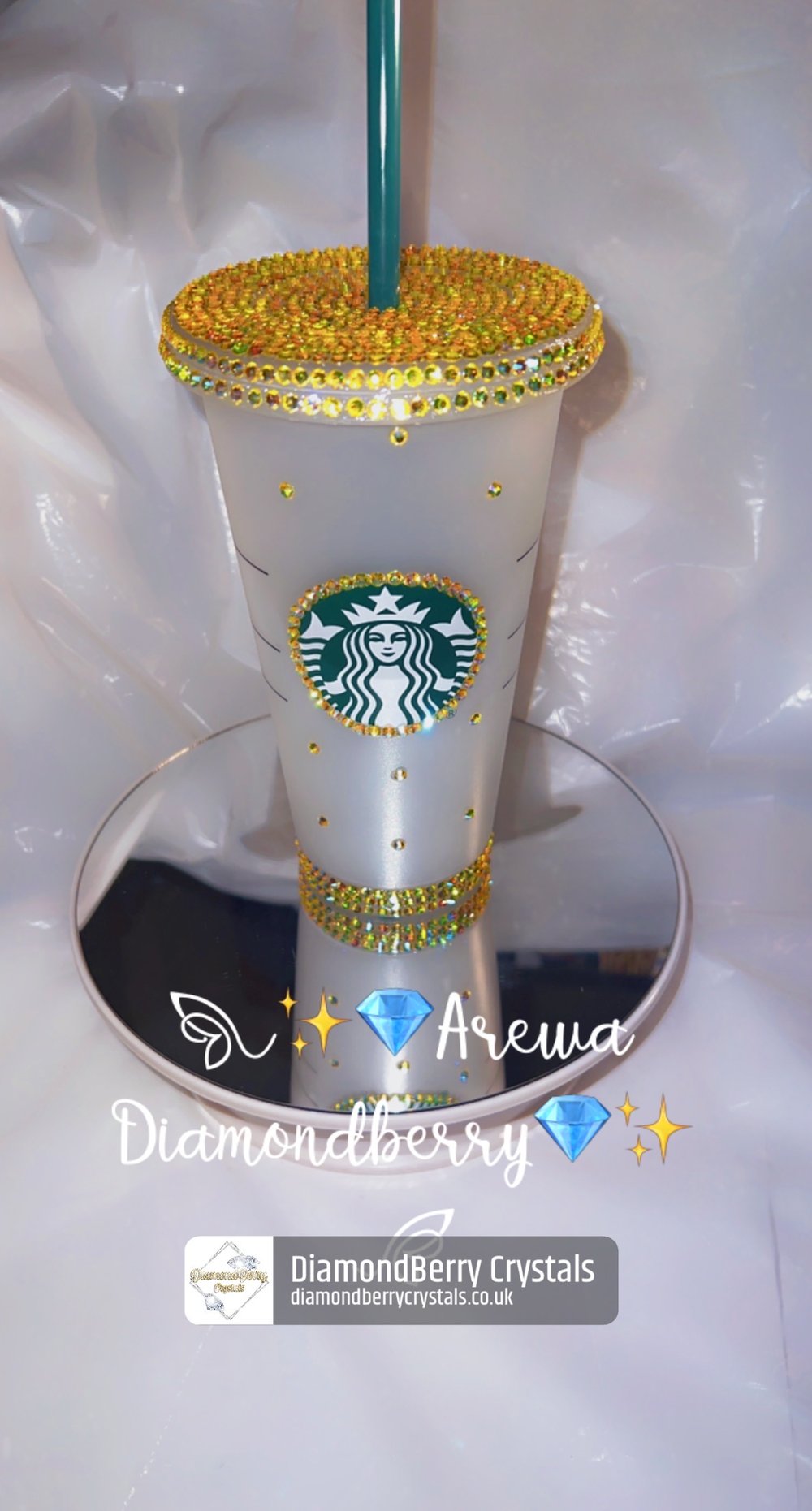 Image of Partial blinged 24 fl oz reusable cold cup tumbler with straw and lid