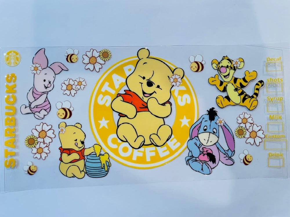 Image of Winnie the Pooh w/ friends and Starbucks