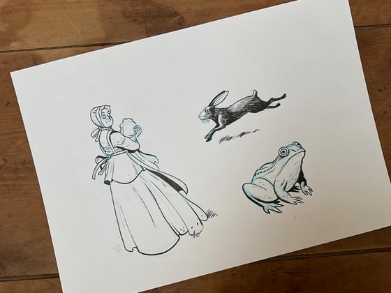 Image of Nurse, hare and frog, original art for the game Witchcraft.
