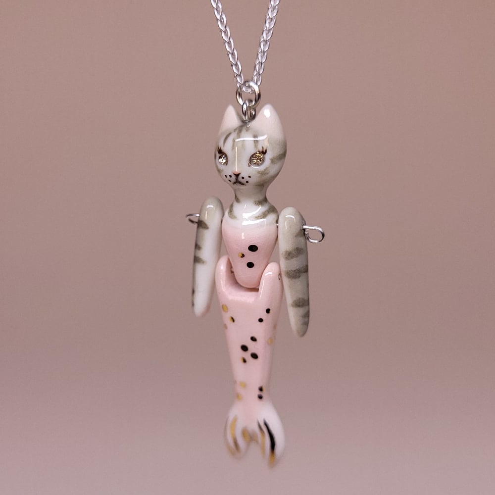 Image of Grey Tabby Porcelain & Sterling Silver Articulated Purrmaid Pendant