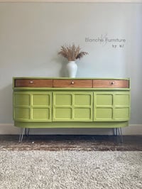 Luxurious, Large Nathan Curved Sideboard in Lime Green with Walnut Drawers 
