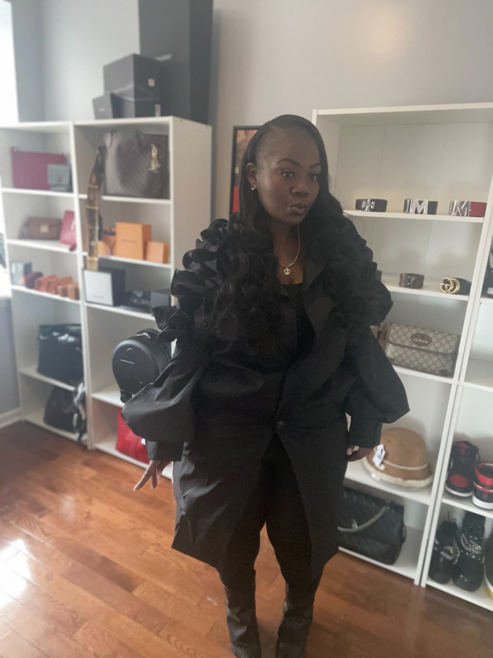 Image of FLORAL SLEEVE TRENCH COAT (BLACK)