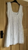 White embellished sequin beaded dress with feathers 