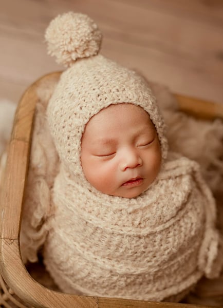 Image of Beige Sweater Pixie Bonnet With Pom + Wrap