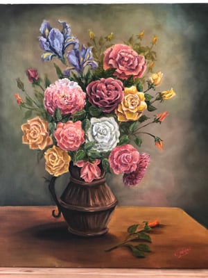 Ancienne Huile sur toile Bouquet de Fleurs Signée