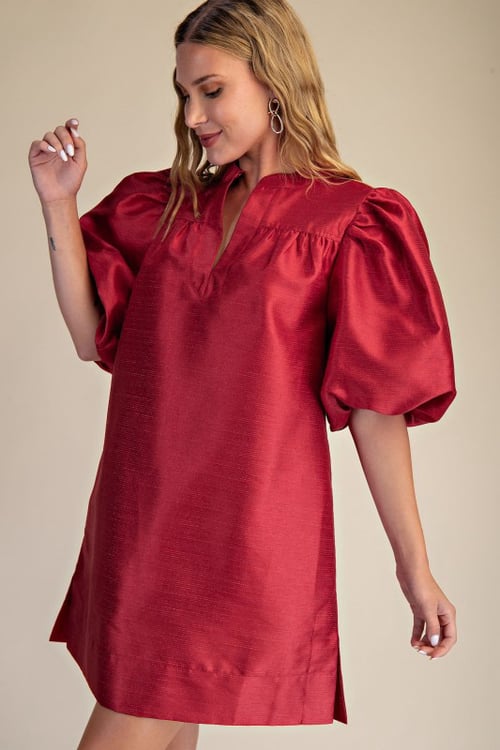 Image of RED PUFF SLEEVE DRESS 