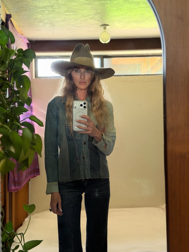 1970s denim patchwork and leather mountain magic hippie bohemian snap shirt jacket