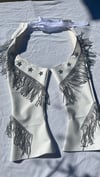 handmade White faux leather chaps and rhinestone trim and stars