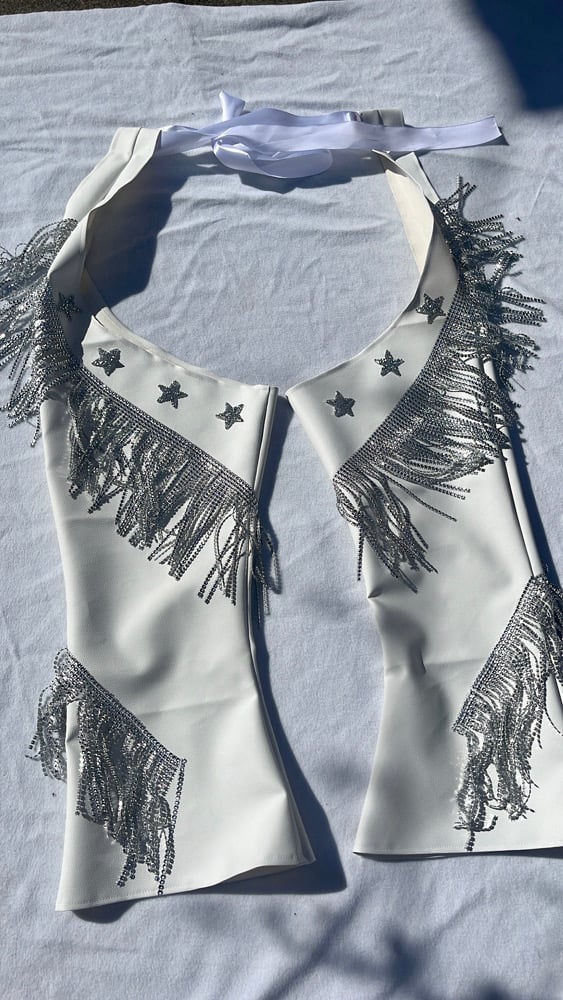 handmade White faux leather chaps and rhinestone trim and stars