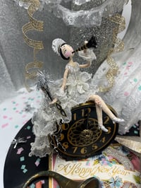 Image 1 of New Year’s Eve miniature art doll on vintage repurposed repainted clock