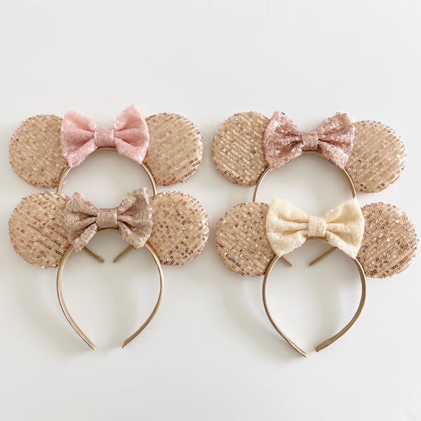 Image of Rose Gold Lined Sequin Ears with Neutral Bows