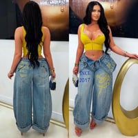 Image 1 of Double Waist Jeans (Blue/Yellow)