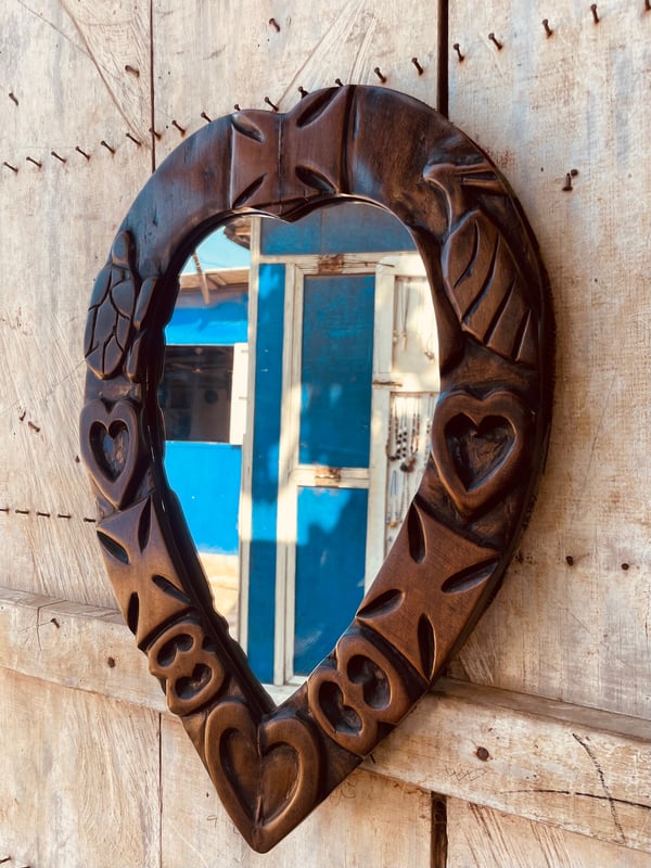 Image of Adinkra Heart Shaped Carved Mirror 💜