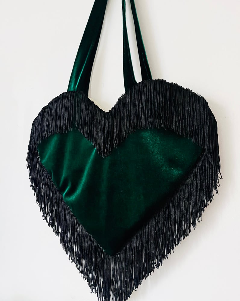 Image of 💚 Deep Emerald Velvet Heart Bag with Black Tassel Trim 💚