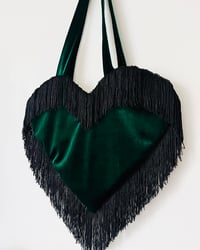 Image 3 of 💚 Deep Emerald Velvet Heart Bag with Black Tassel Trim 💚
