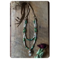 Image 4 of The Ariella Necklace - Pearleascent Green Glass Beads Pearls Brass and Quartz Necklace  