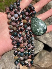 Image 3 of Madagascar Orbicular Ocean Jasper Mala with Seraphinite Pendant