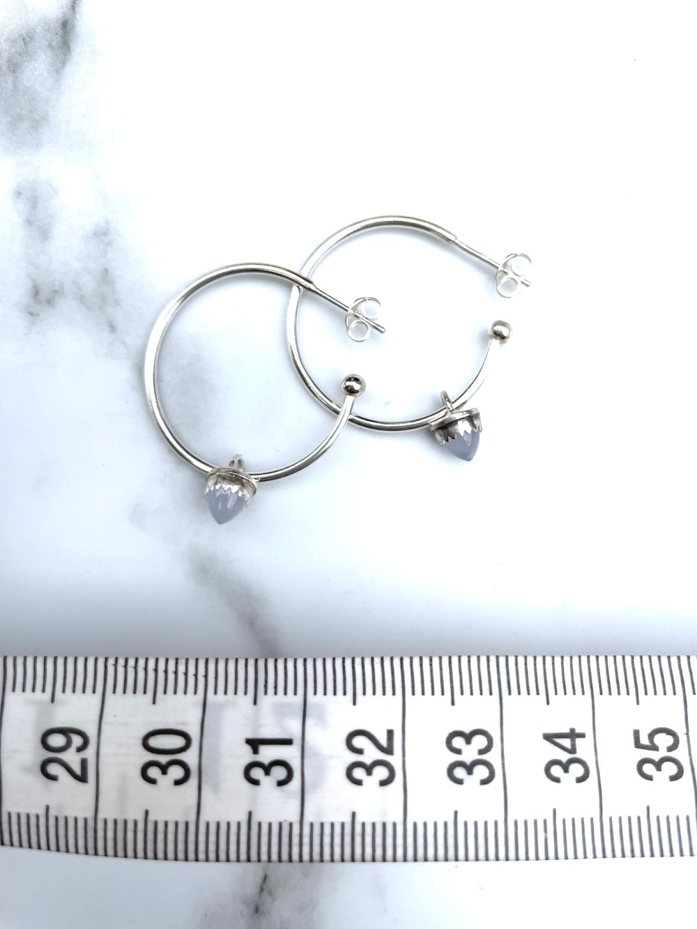 Handmade Blue Chalcedony Bullet Sterling Silver Hoop Earrings 925