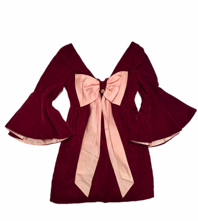 late 1960s jeweltone ruby velvet and satin trumpet sleeve mini dress with huge bow