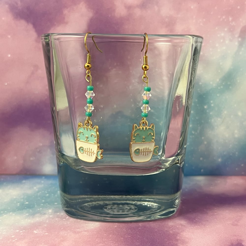 Image of Aqua Kitty Cat In Cup Earrings