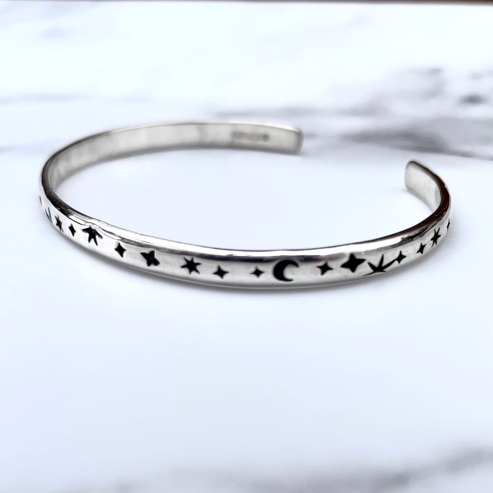 Celestial Cuff Bracelet Sterling Silver Stars And Moons 4mm Wide