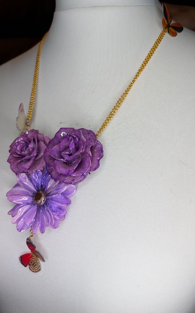 Image of OOAK Purple Rose & Art Butterfly Necklace 