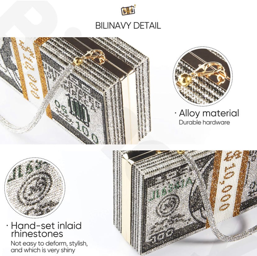Image of Money Clutch Purses for Women, Stack of Cash Dollars Crystal Clutch Purses