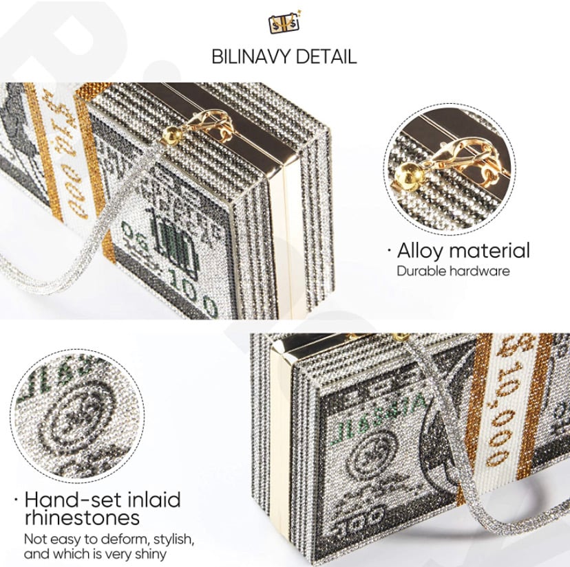 Image of  Money Clutch Purses for Women, Stack of Cash Dollars Crystal Clutch Purses