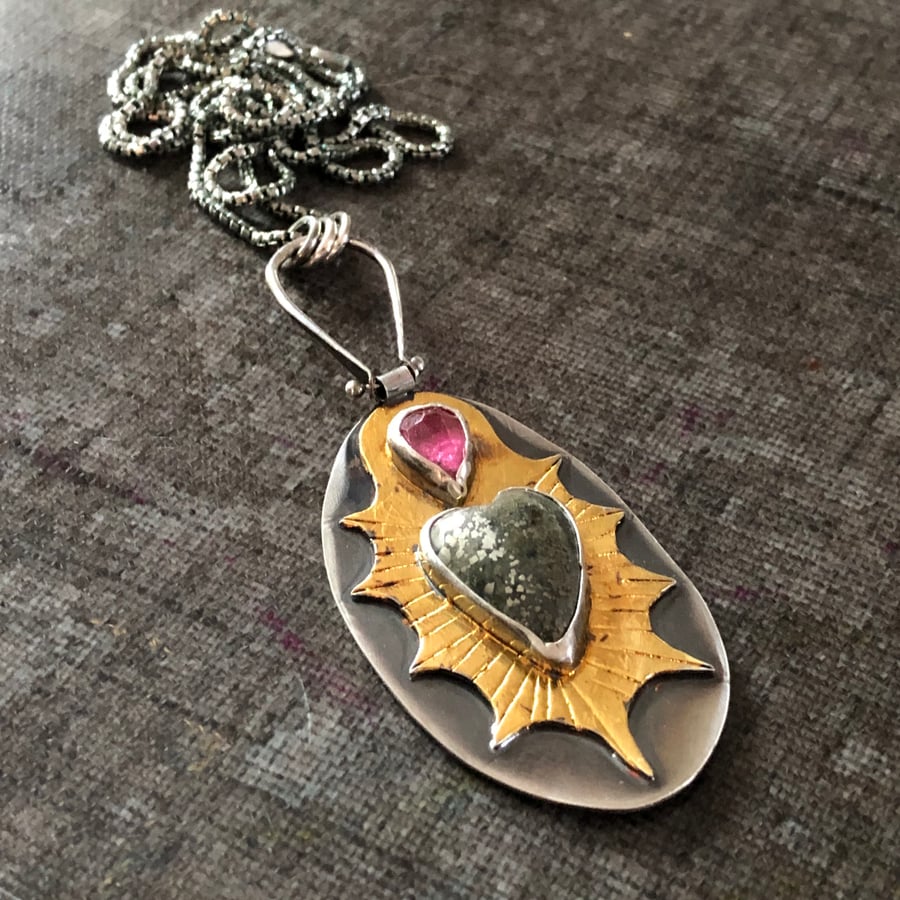 Image of Pyrite Heart with Pink Tourmaline Flame & Gold Foil Pendant