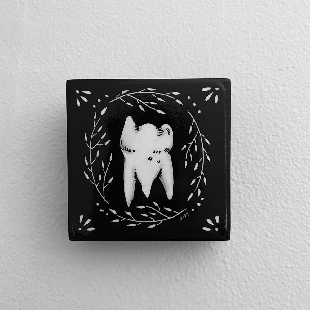 Tooth Three Linocut Print On Wooden Panel