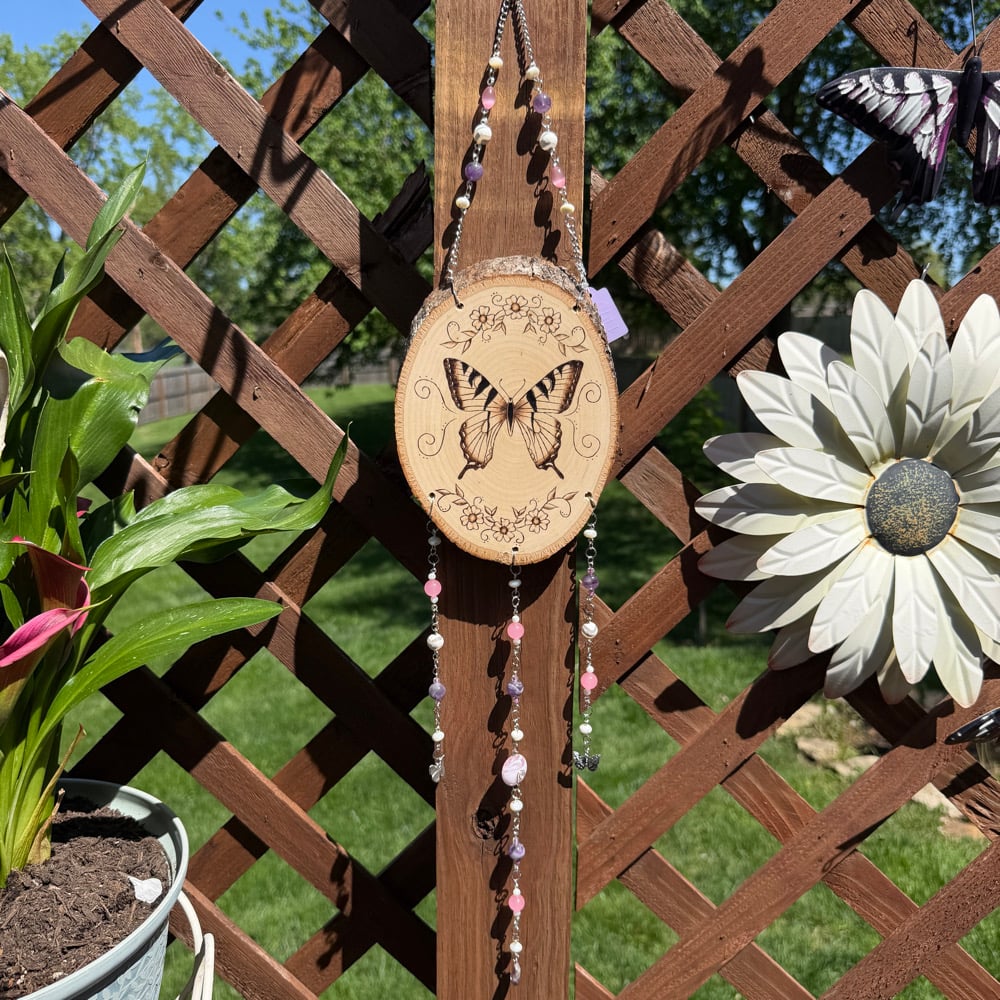 Image of divine butterfly hanging beaded wood art